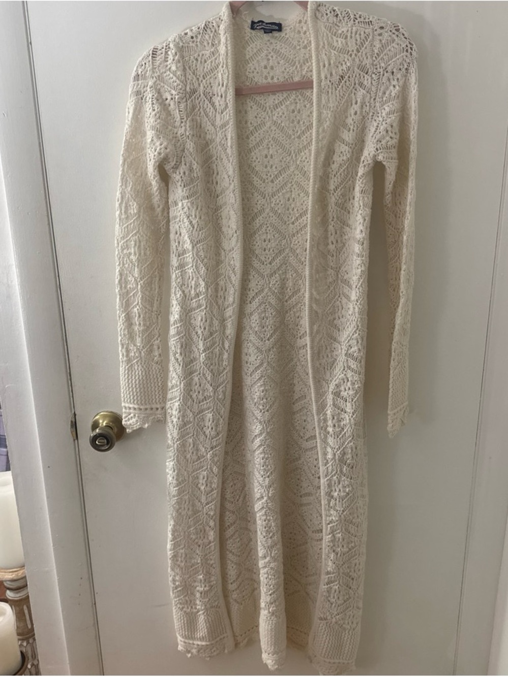 Freshman Cream Open-Front Crochet Long Cardigan